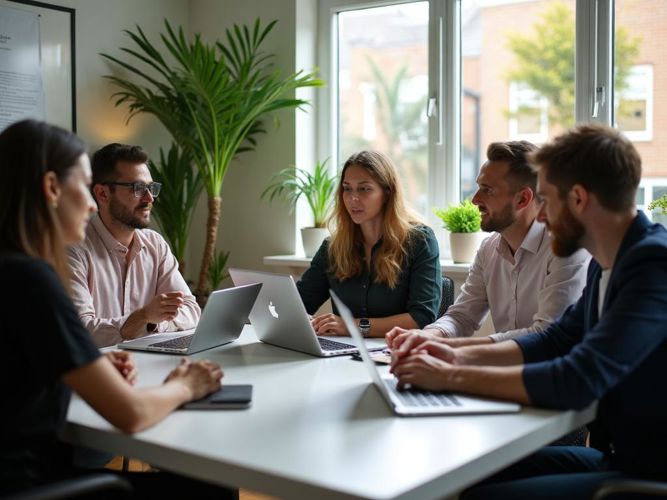 Team collaborating in a digital agency environment discussing ideas and strategy