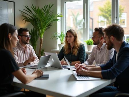Team collaborating in a digital agency environment discussing ideas and strategy