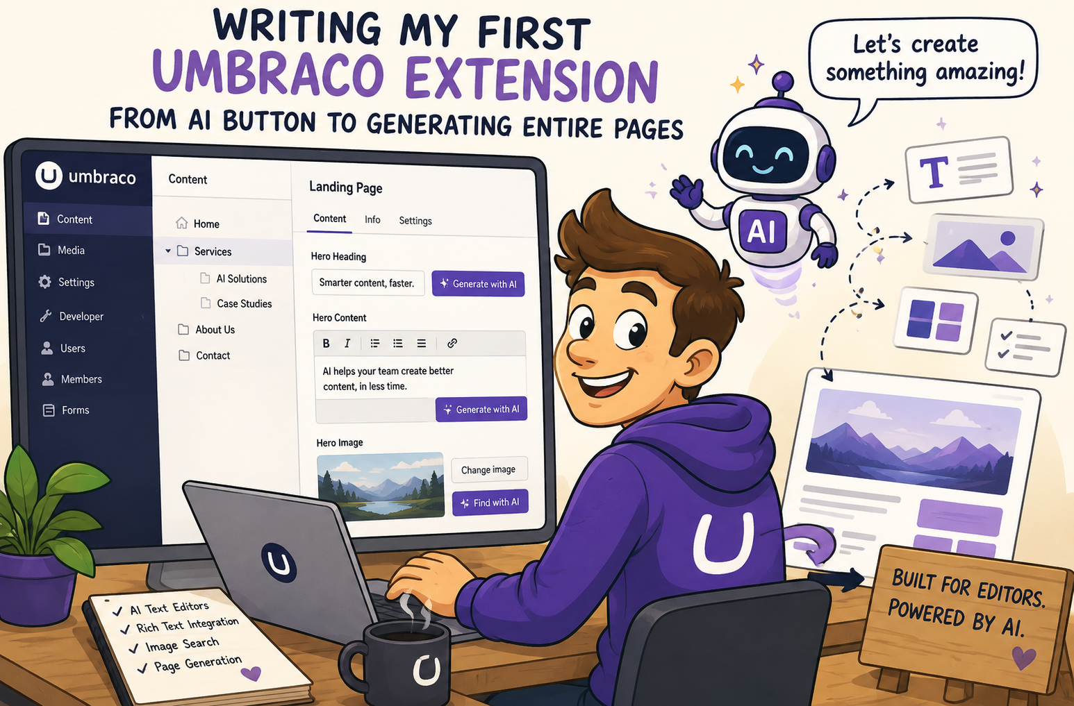 Cartoon illustration of a content editor using an AI-powered Umbraco extension to generate text, images and complete web pages.