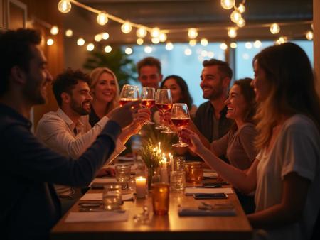 Group of colleagues raising glasses in a dinner celebration with string lights overhead at a long table.