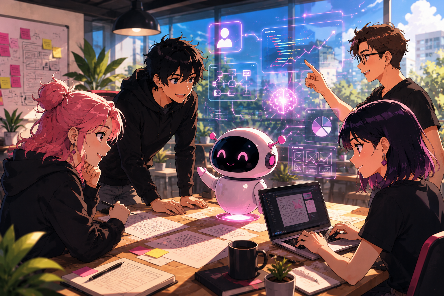 Anime-style team brainstorming with AI robot assistant and holographic data charts in modern office