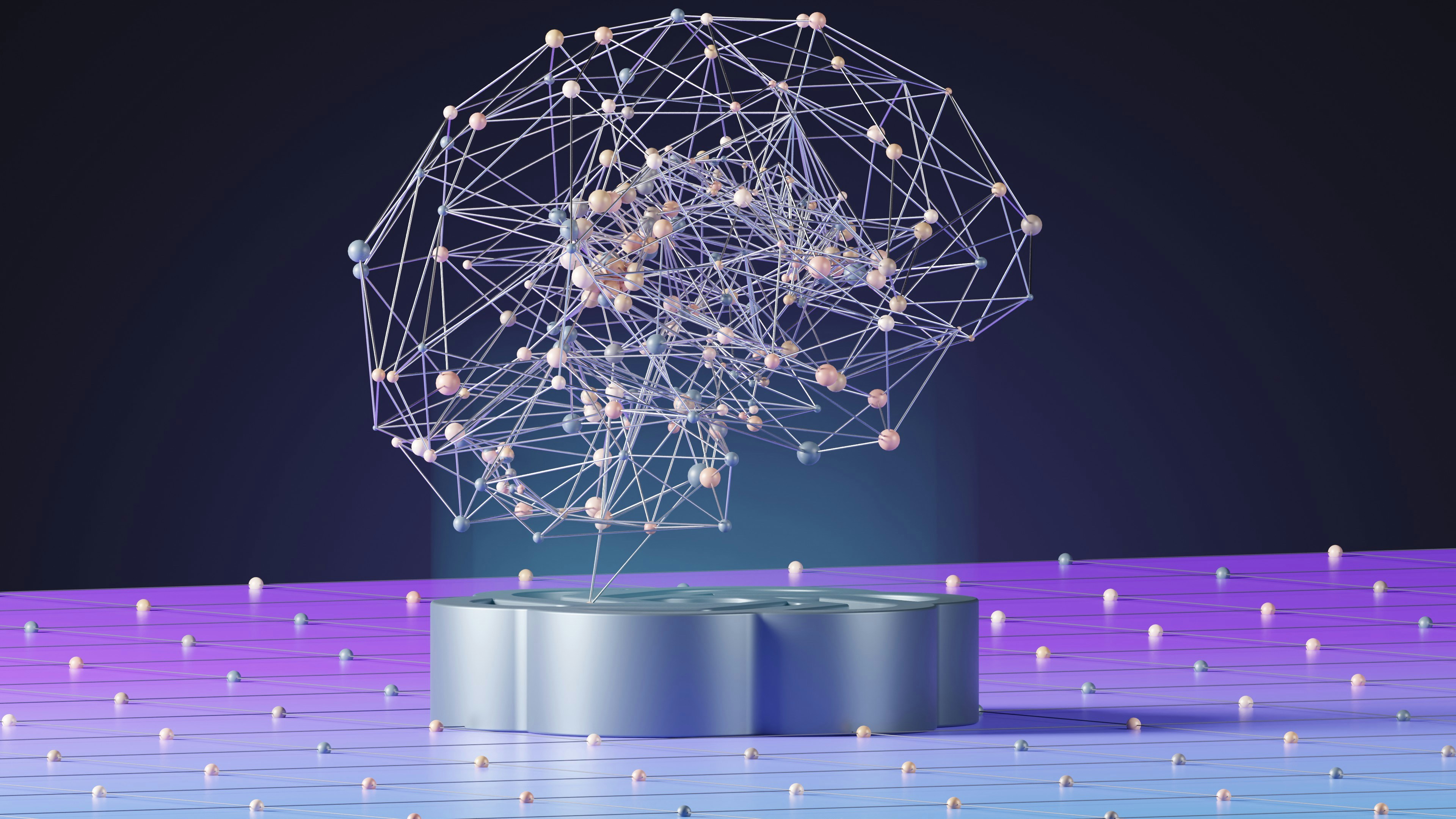 3D illustration of an artificial intelligence brain made of interconnected nodes and neural network connections.