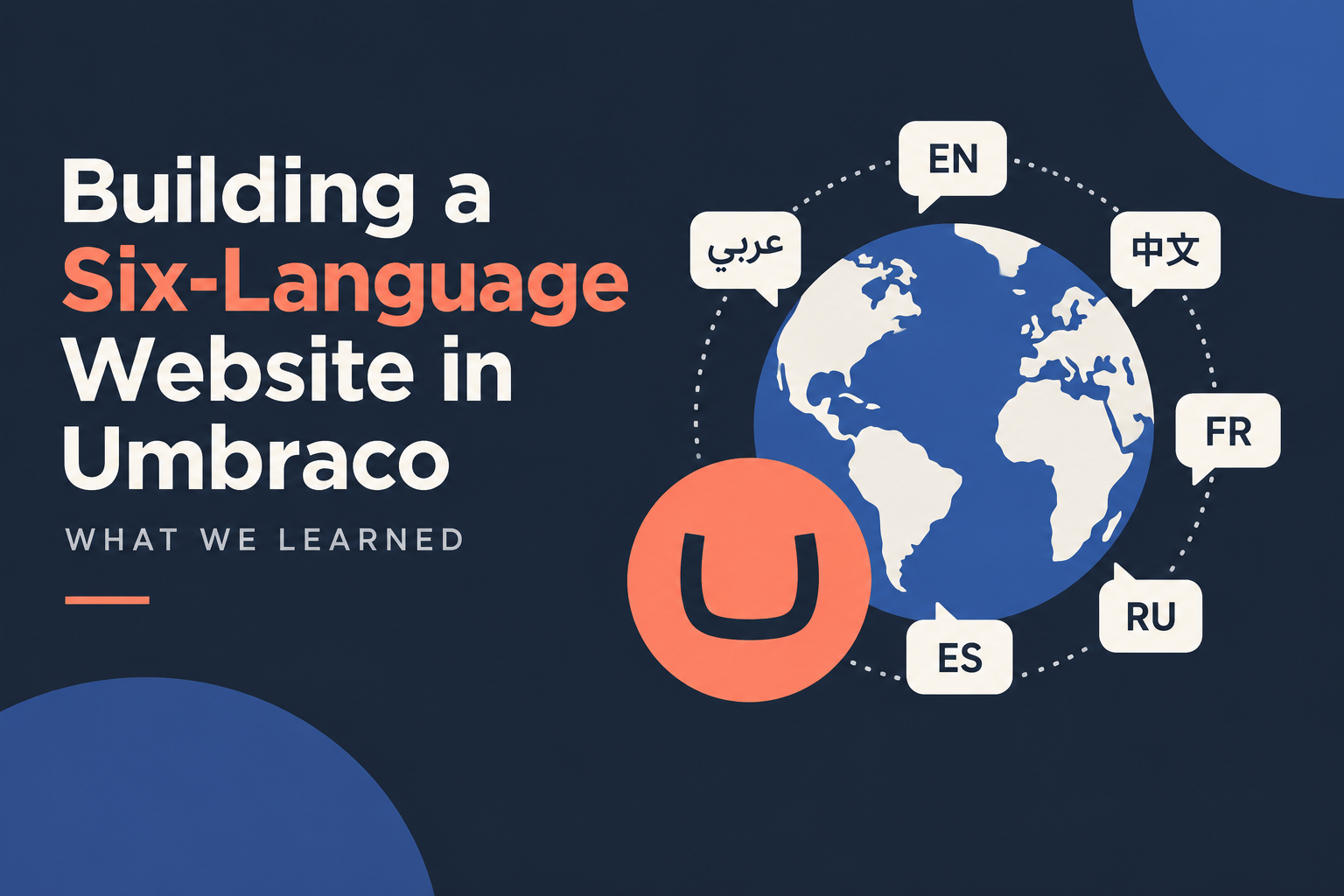 Building a Six-Language Website in Umbraco graphic featuring a globe surrounded by speech bubbles representing the six UN languages.