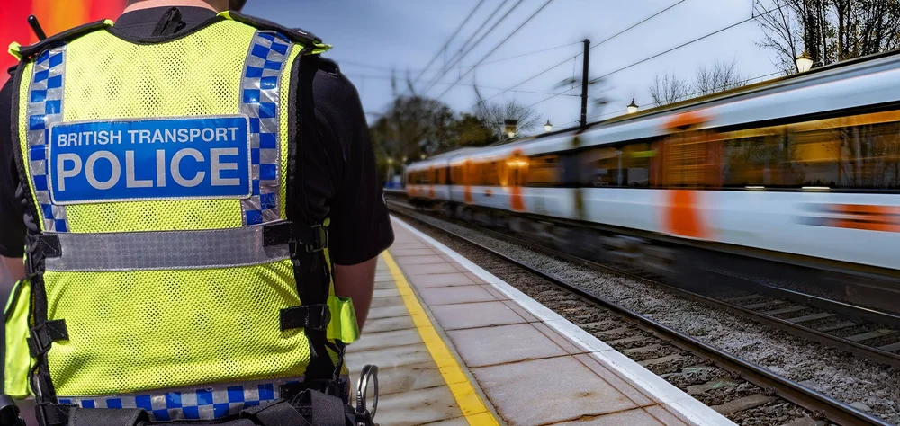 Police officer in high-visibility clothing standing by a train track