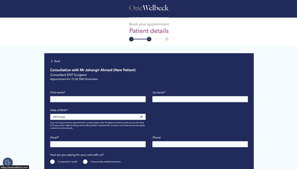 Screenshot of a onewelbeck website, booking portal second step web design and user interface.