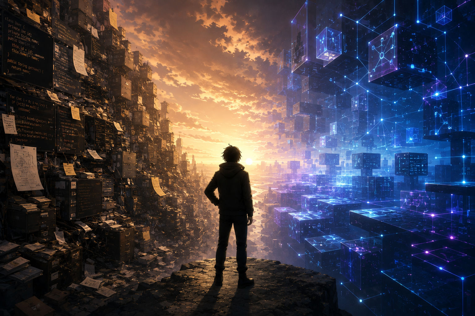 Developer silhouette between old code archives and a glowing AI data network, symbolizing evolution from coding to AI.