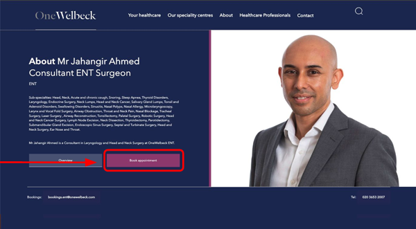 Screenshot of a onewelbeck website, booking portal consultants page web design and user interface.