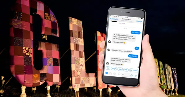 Chatbot interface screenshot displaying a conversation window with a festival-themed background image