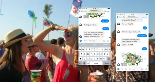 Chatbot interface screenshot displaying a conversation window with a festival-themed background image