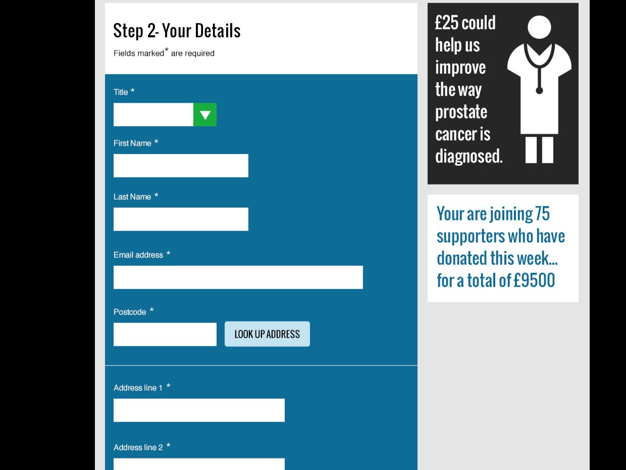 The second step of a prostate cancer donation journey, showing the donation form interface.