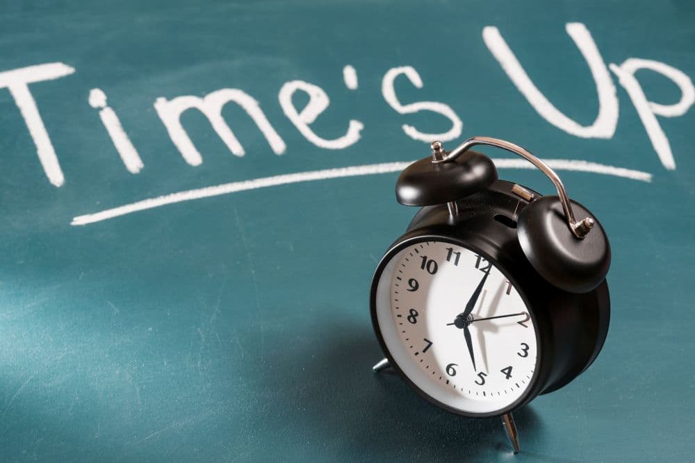 Times up message green chalkboard with black alarm clock
