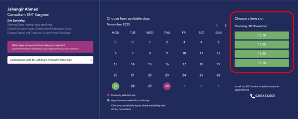 Screenshot of a onewelbeck website, booking portal first step web design and user interface.