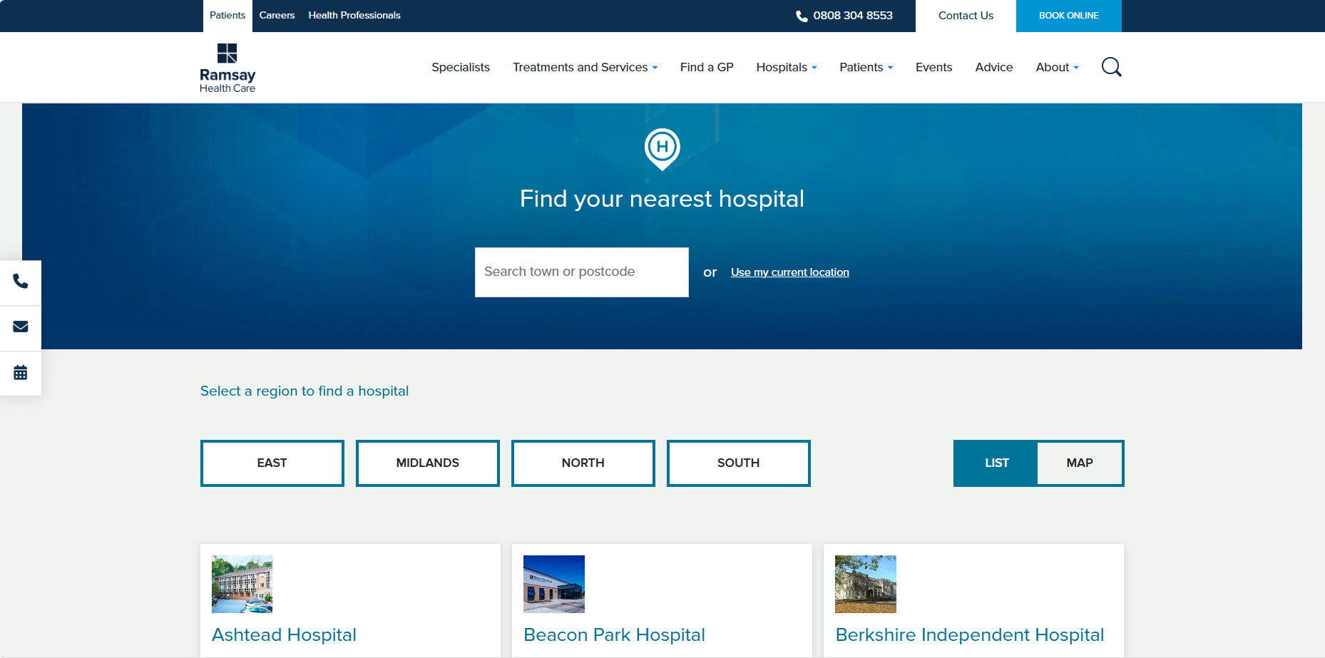 Screenshot of a Ramsay website, hospital listing page showing a modern web design and user interface.
