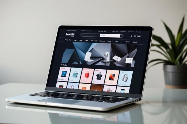 Laptop displaying an ecommerce website design with product listings and shopping interface