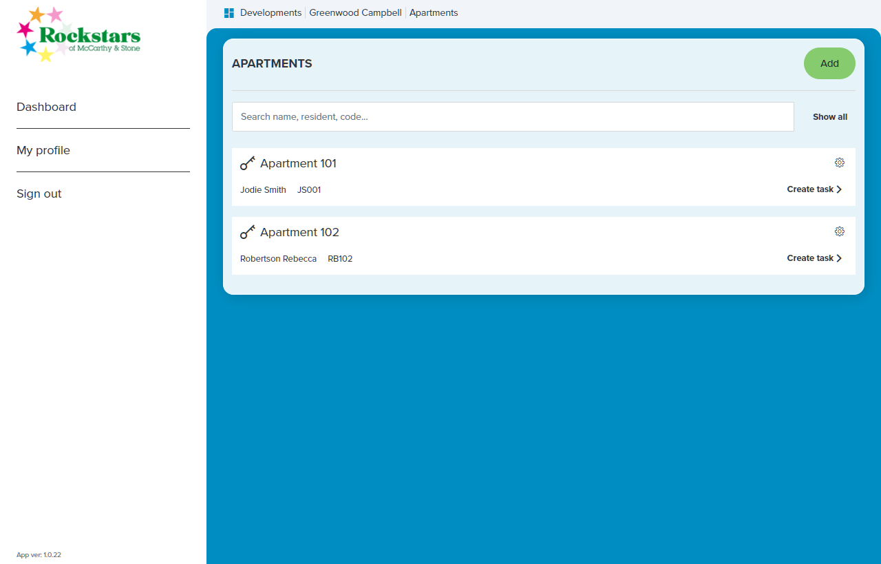 Screenshot of a rockstars, apartments page showing a modern design and user interface.