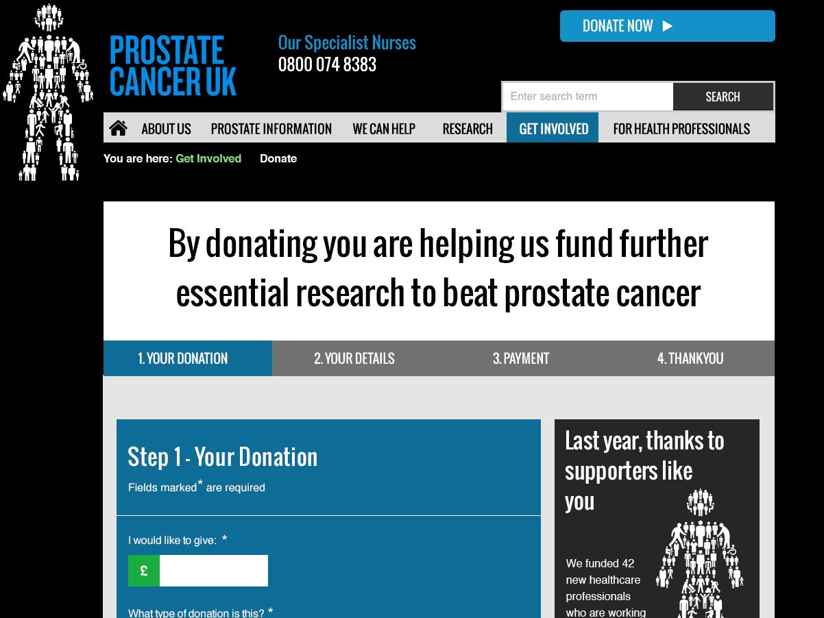 The first step of a prostate cancer donation journey, showing the donation form interface.