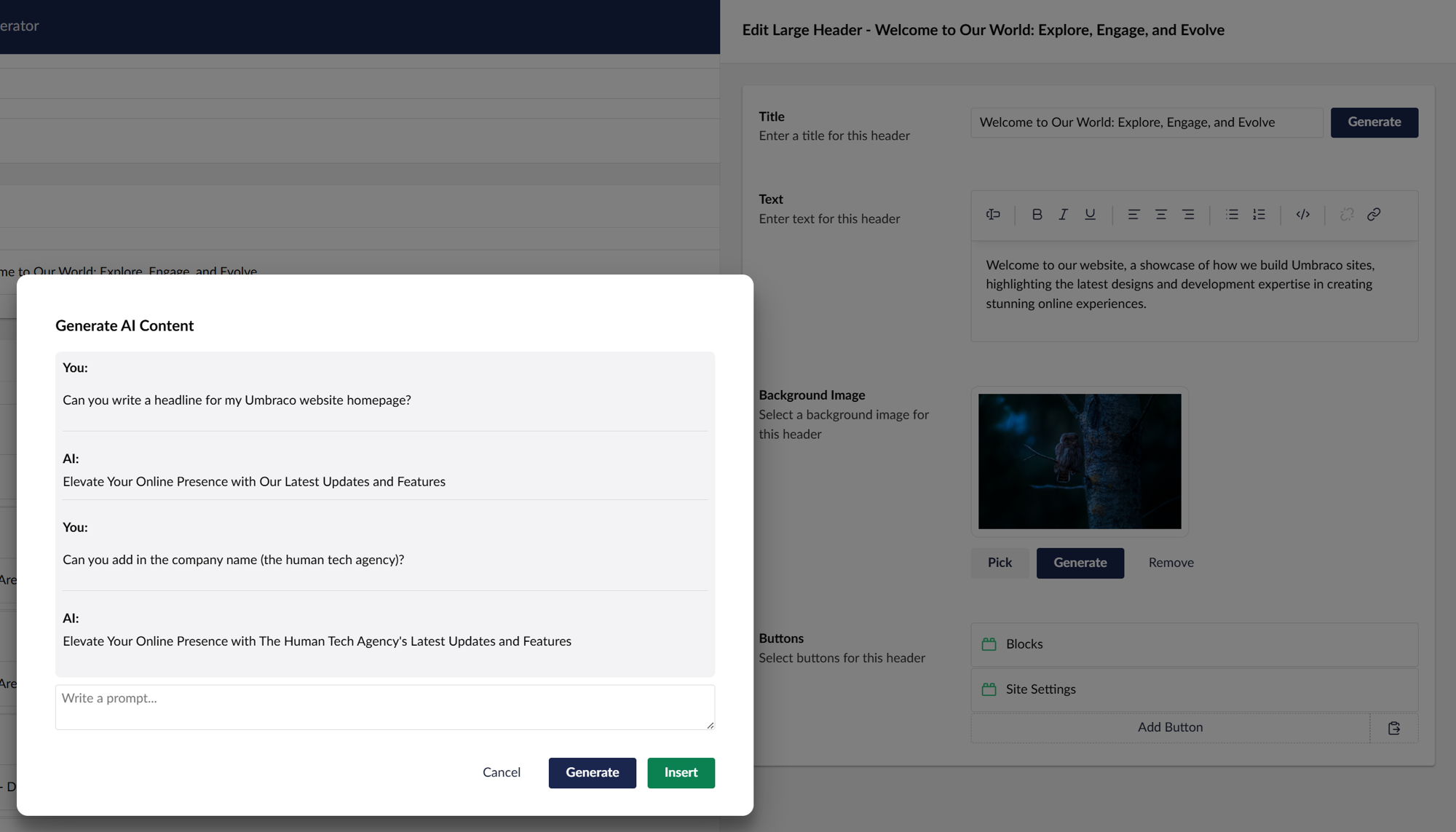 Screenshot of the human tech agencies AI Umbraco extension