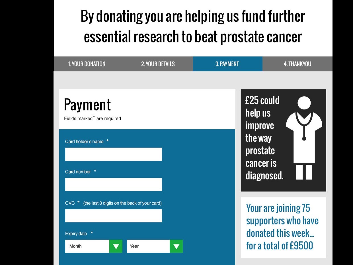 The third step of a prostate cancer donation journey, showing the donation form interface.