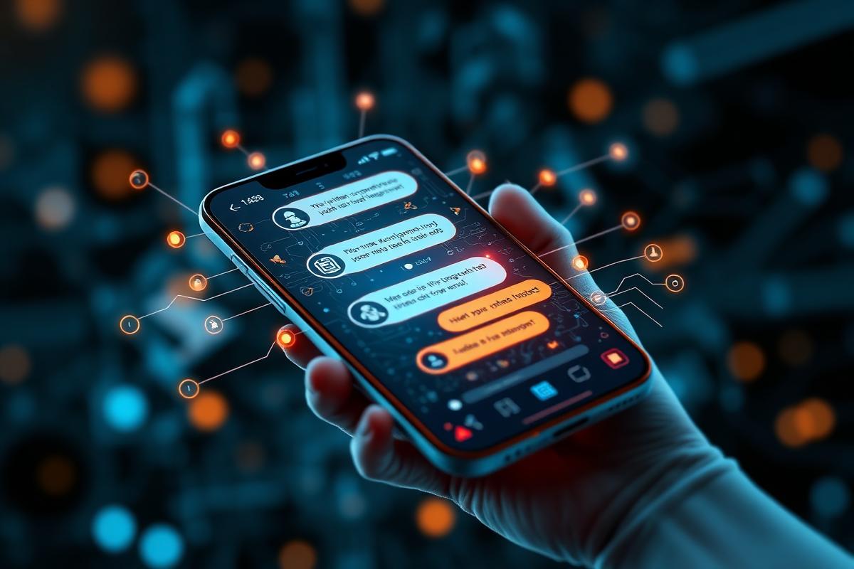 Mobile device displaying an AI chatbot app with a futuristic user interface.