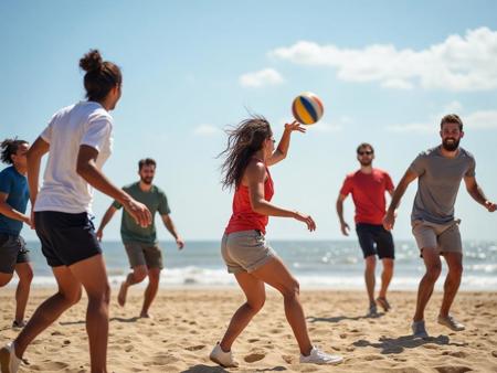 People playing beach volleyball together on a sunny day by the ocean.